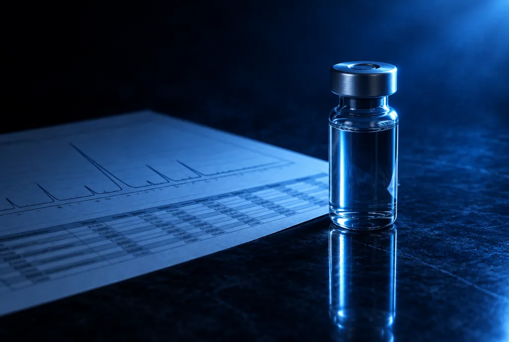 A capped glass vial standing beside a printed chromatogram and its result table